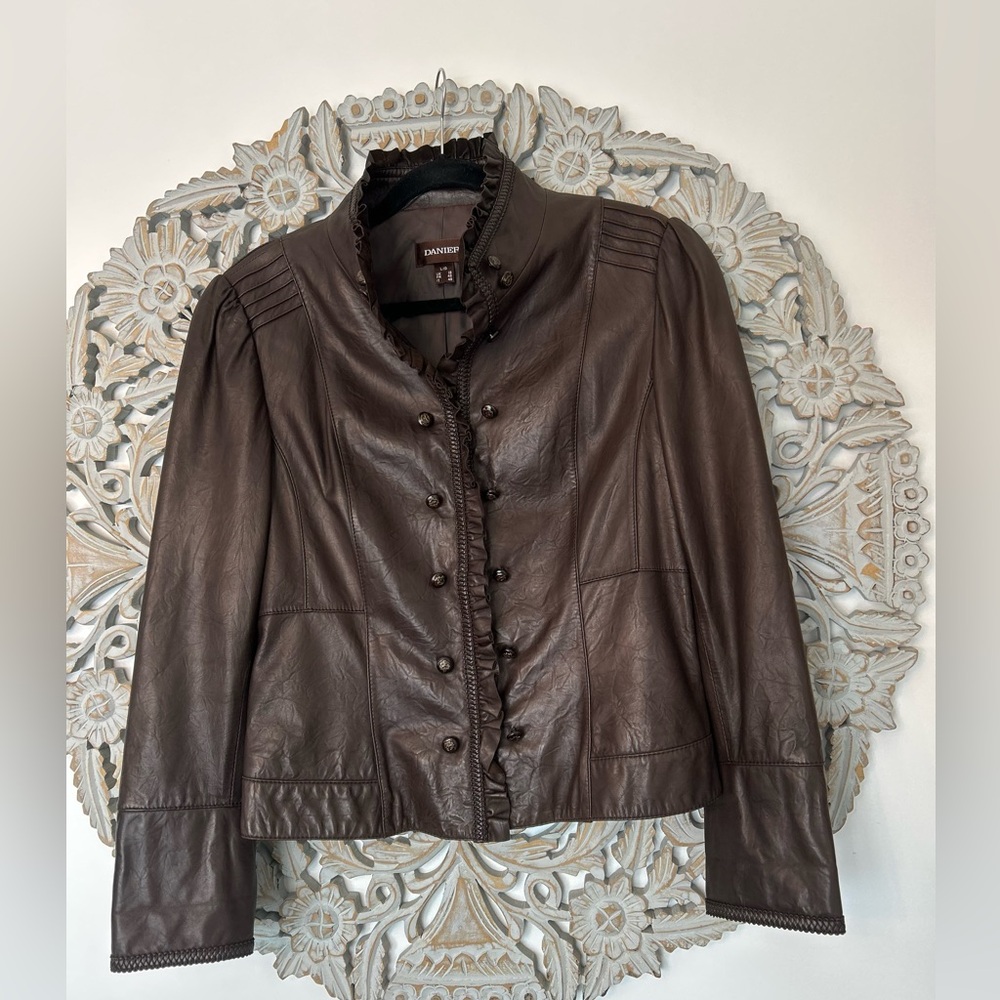 Danier Cropped High Collar Filled Detail Brown Leather Boho/Bohemian Jacket
